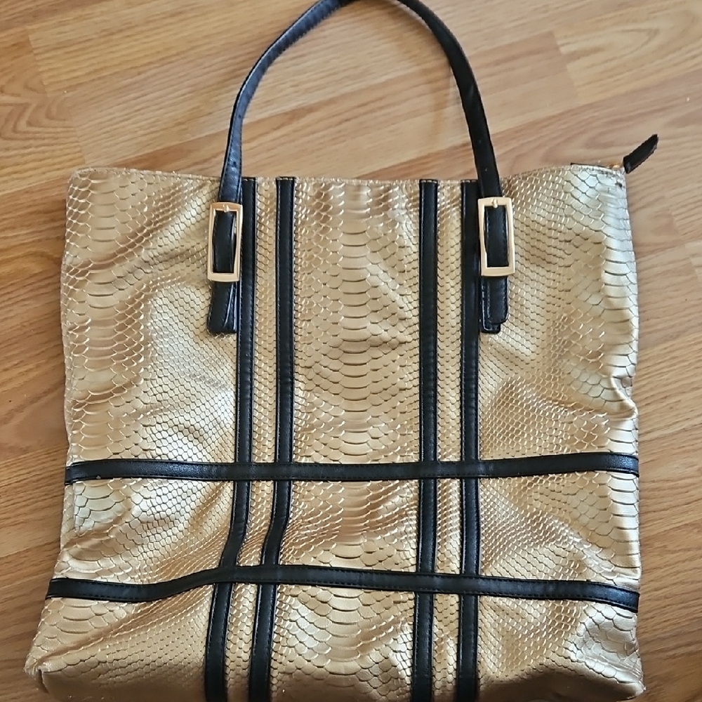 Gold Textured Tote Bag with Black Trim